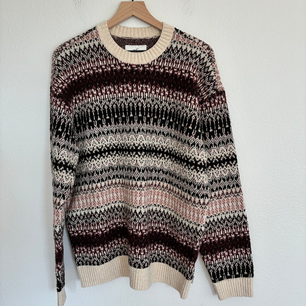 Hollister Fair Isle Sweater Mens M Cream Burgundy Knit Crewneck Preppy Fall
